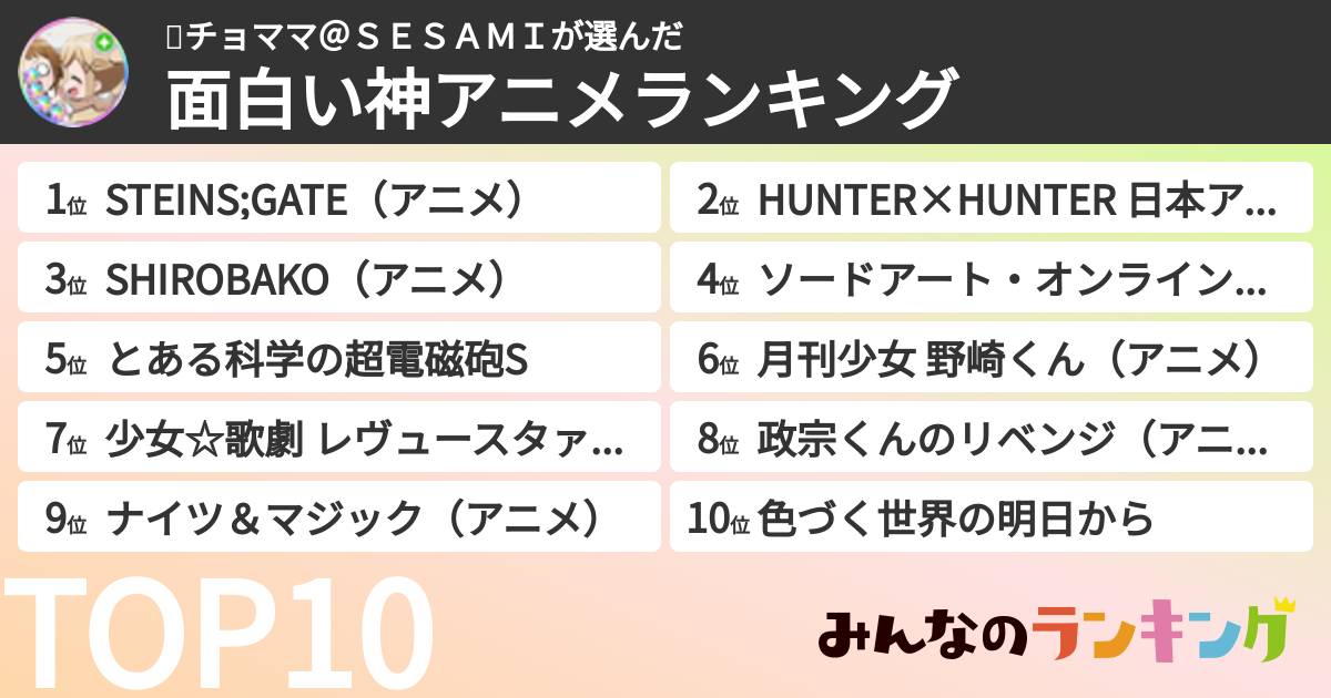 🍌チョママ＠ＳＥＳＡＭＩさんの「面白い神アニメランキング」