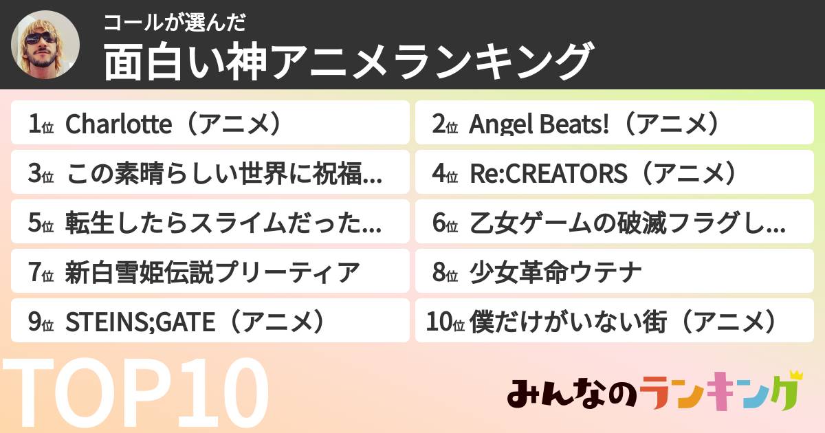 コールさんの「面白い神アニメランキング」