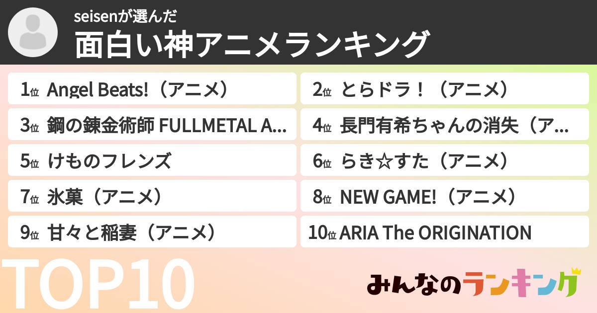seisenさんの「面白い神アニメランキング」