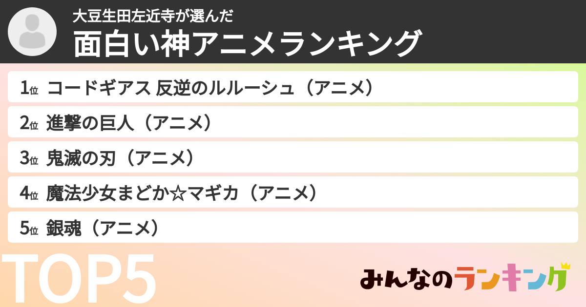 大豆生田左近寺さんの「面白い神アニメランキング」