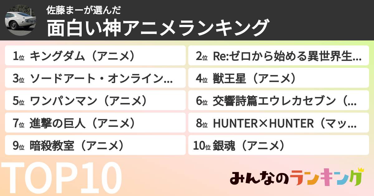 佐藤まーさんの「面白い神アニメランキング」