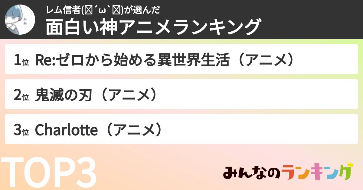 レム信者(❁´ω`❁)さんの「面白い神アニメランキング」