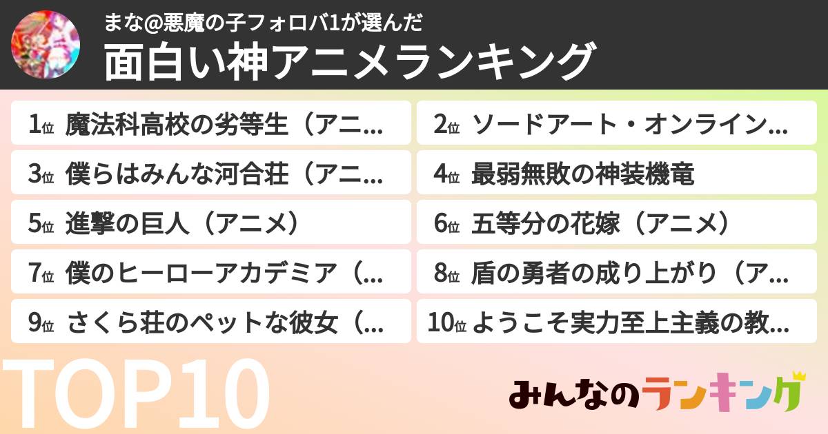 まな@悪魔の子フォロバ1さんの「面白い神アニメランキング」