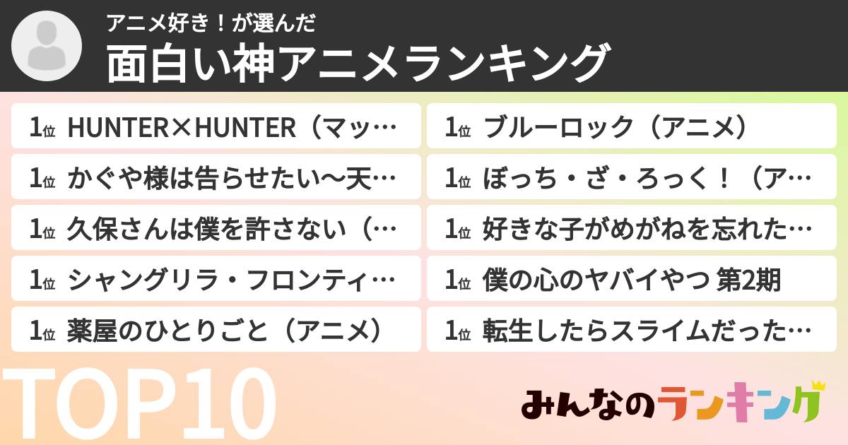 アニメ好き！さんの「面白い神アニメランキング」