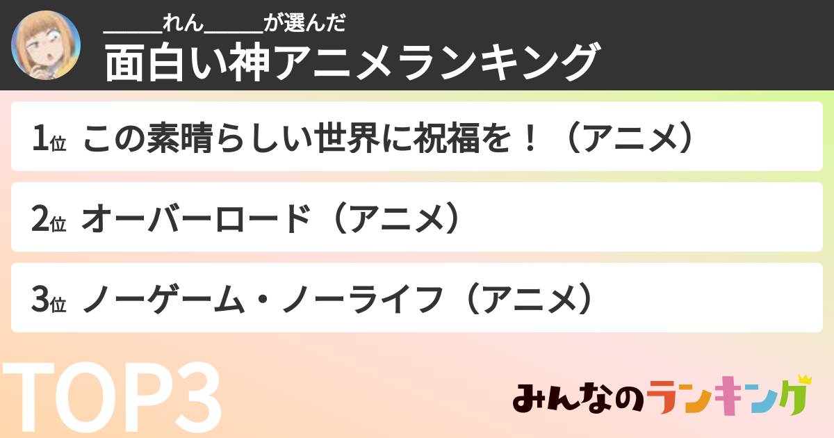 _____れん_____さんの「面白い神アニメランキング」