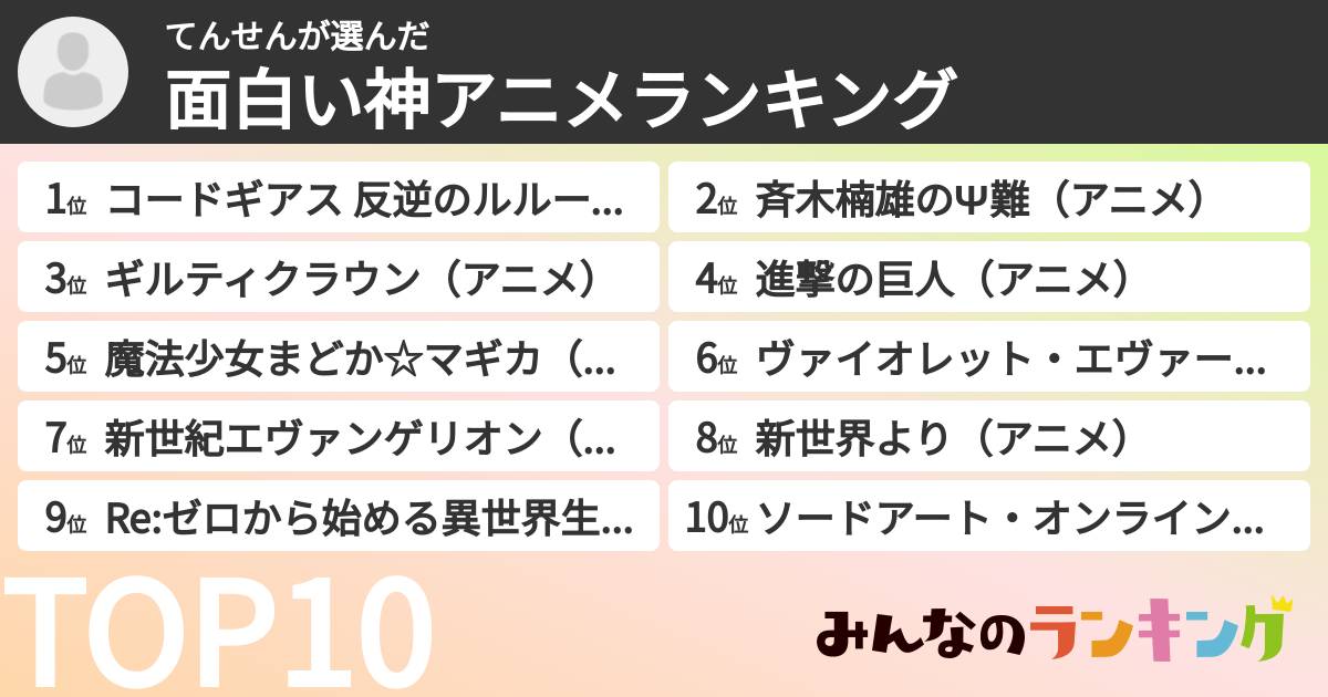 てんせんさんの「面白い神アニメランキング」