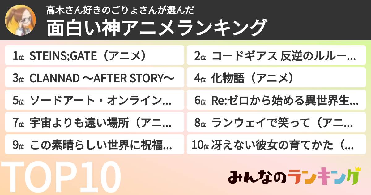 高木さん好きのごりょさんさんの「面白い神アニメランキング」