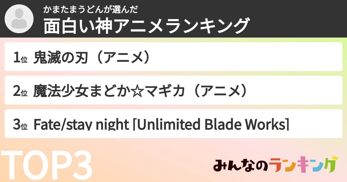 かまたまうどんさんの「面白い神アニメランキング」