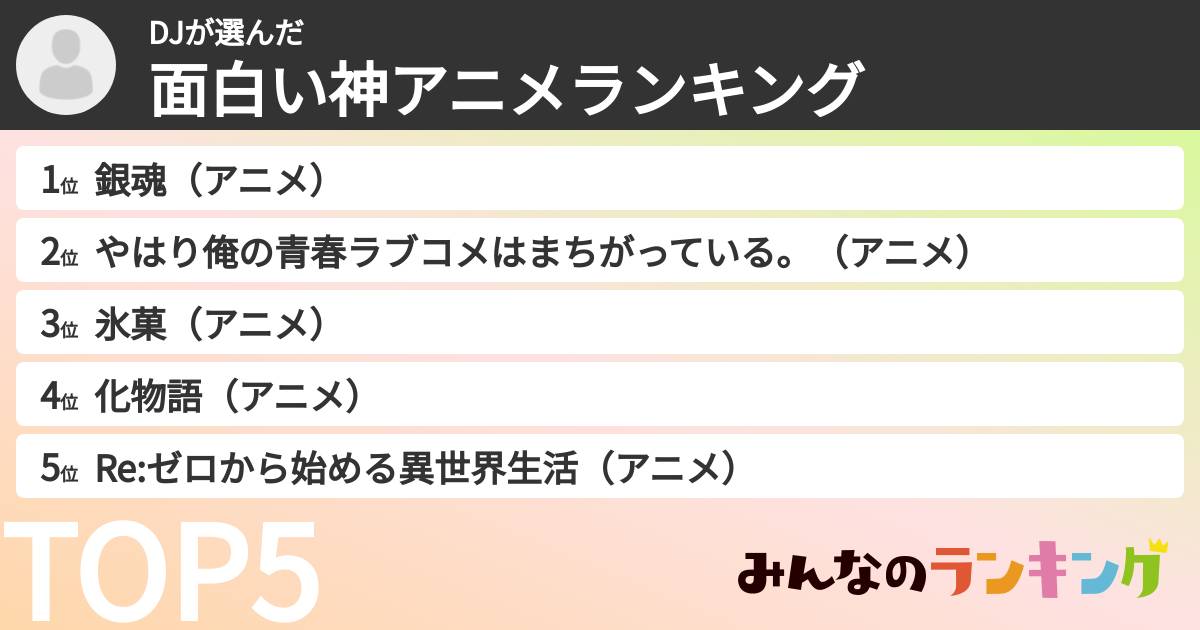 DJさんの「面白い神アニメランキング」