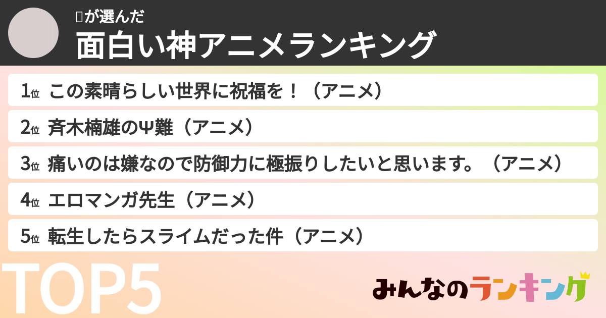 🦎さんの「面白い神アニメランキング」