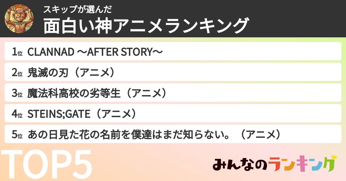 スキップさんの「面白い神アニメランキング」