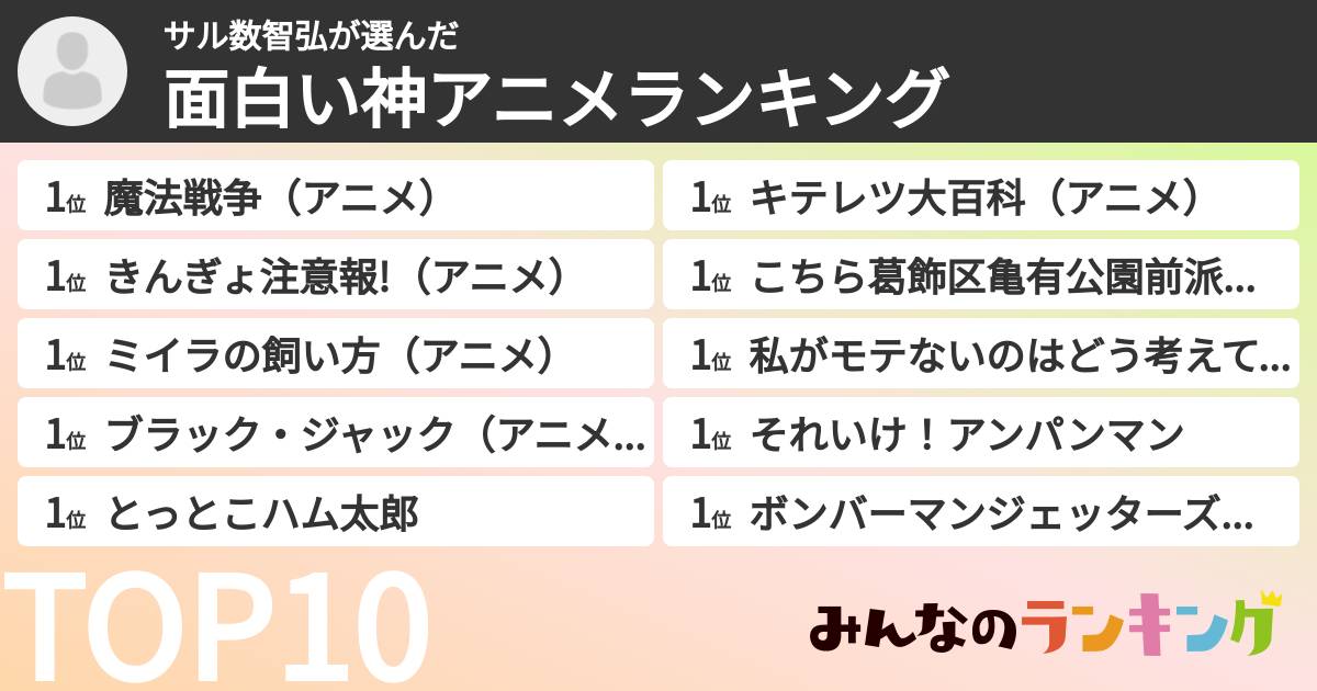 サル数智弘さんの「面白い神アニメランキング」