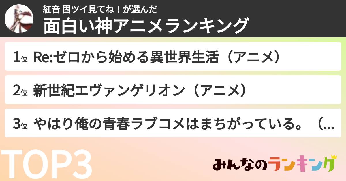 紅音 固ツイ見てね!さんの「面白い神アニメランキング」