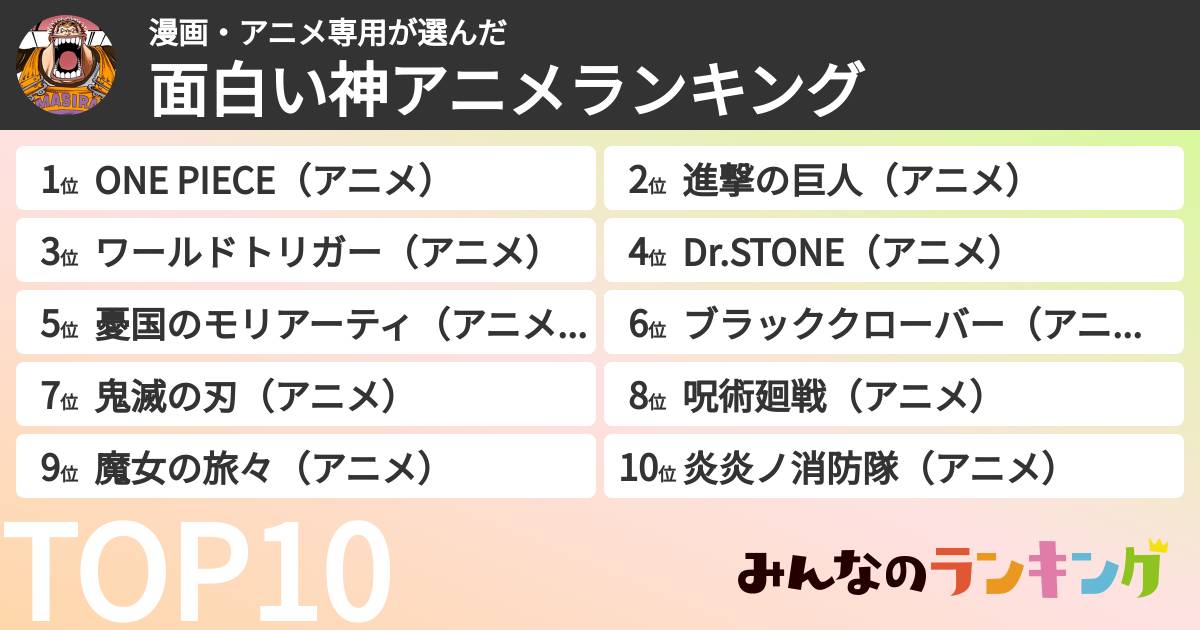 漫画・アニメ専用さんの「面白い神アニメランキング」