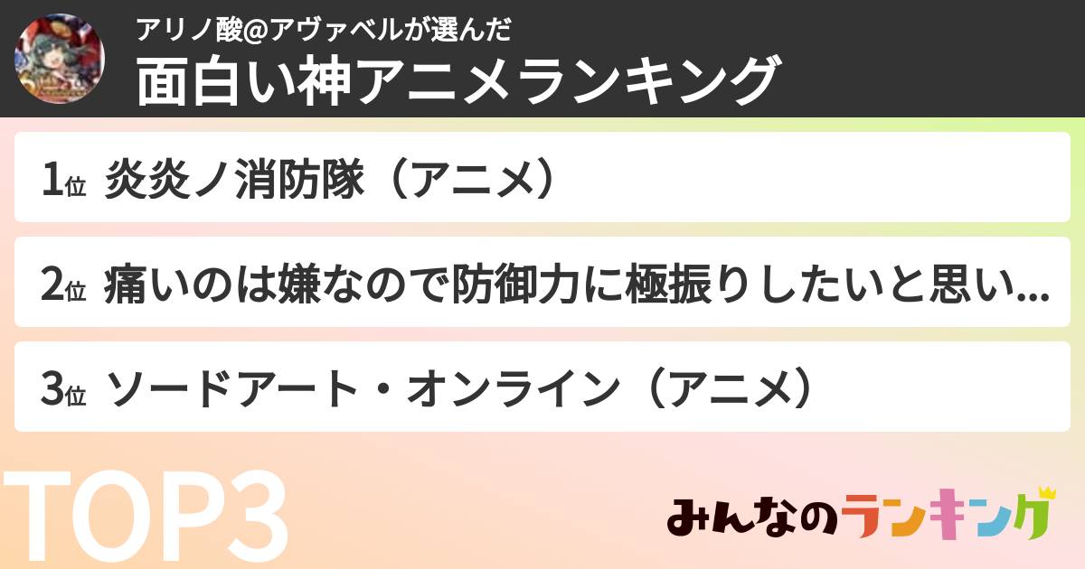 アリノ酸@アヴァベルさんの「面白い神アニメランキング」