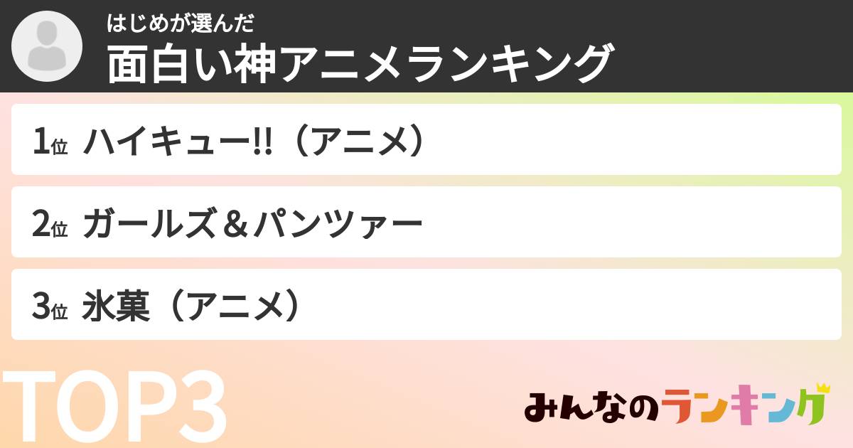 はじめさんの「面白い神アニメランキング」