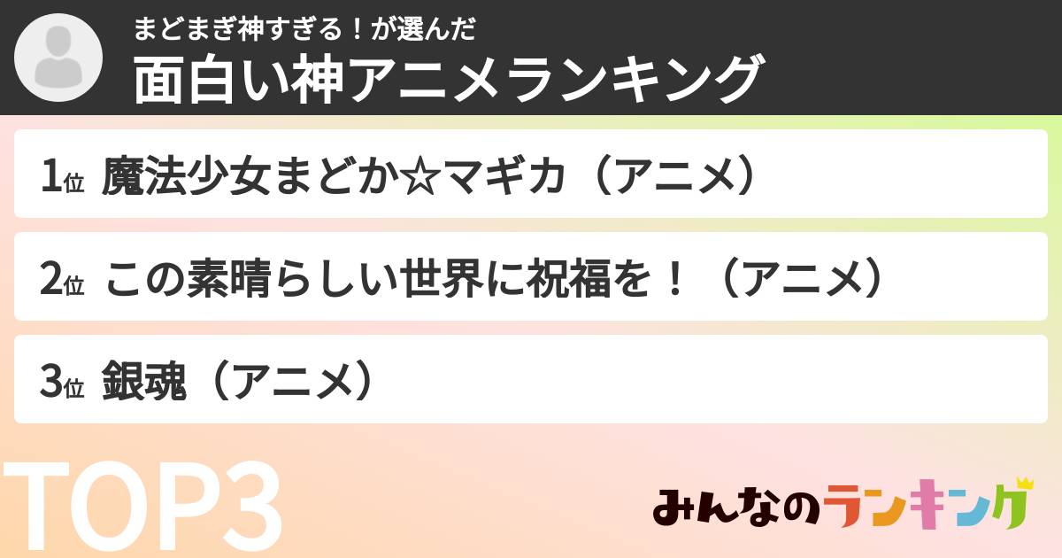 まどまぎ神すぎる!さんの「面白い神アニメランキング」