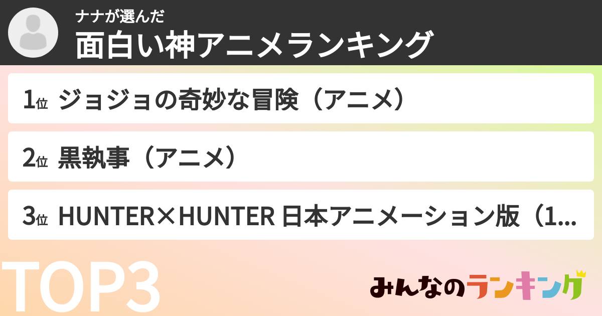 ナナさんの「面白い神アニメランキング」