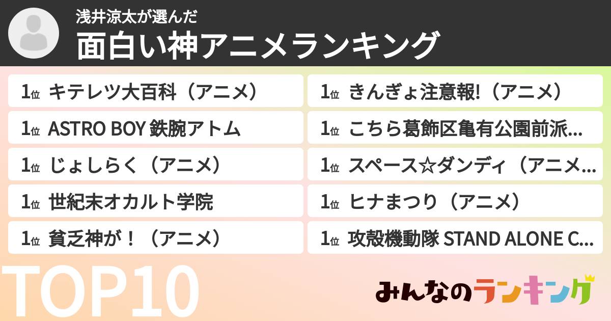 浅井涼太さんの「面白い神アニメランキング」