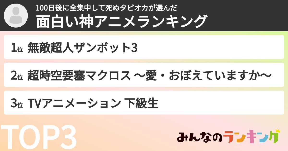 100日後に全集中して死ぬタピオカさんの「面白い神アニメランキング」