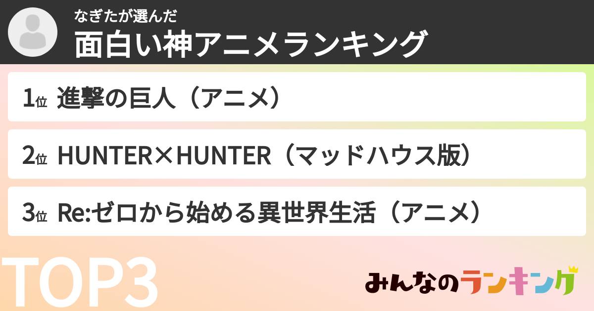 なぎたさんの「面白い神アニメランキング」