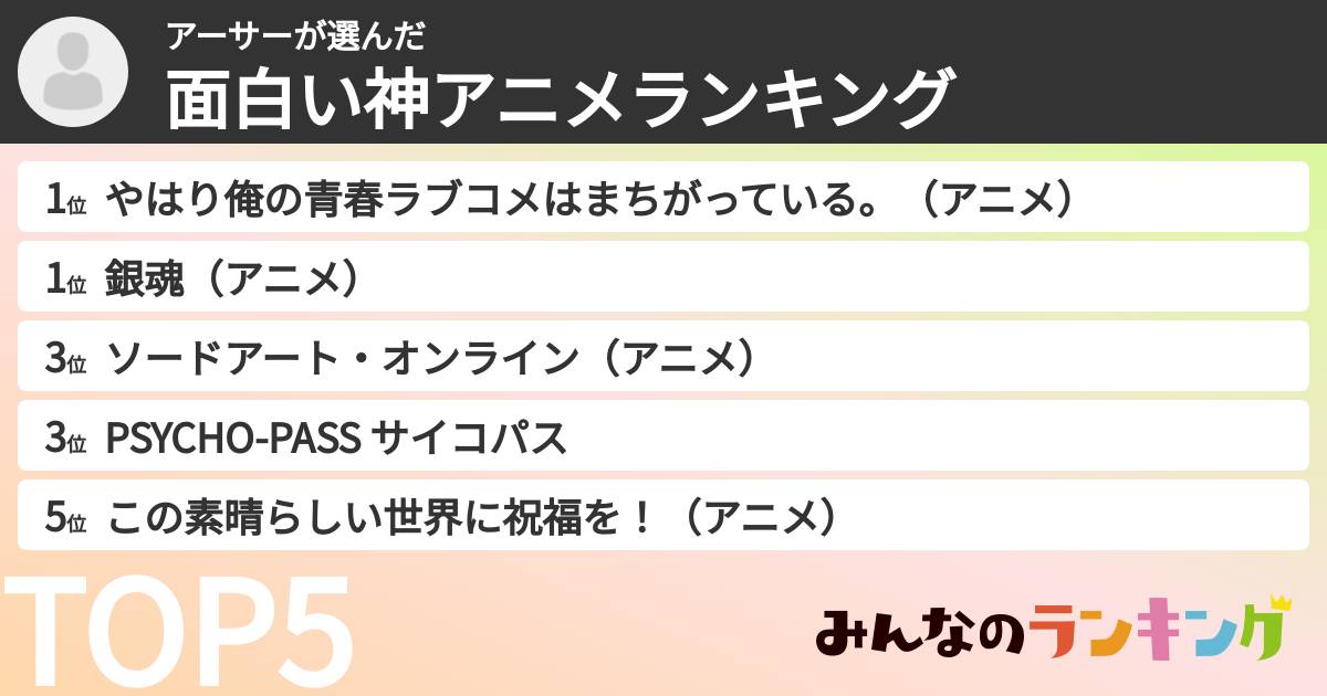 アーサーさんの「面白い神アニメランキング」