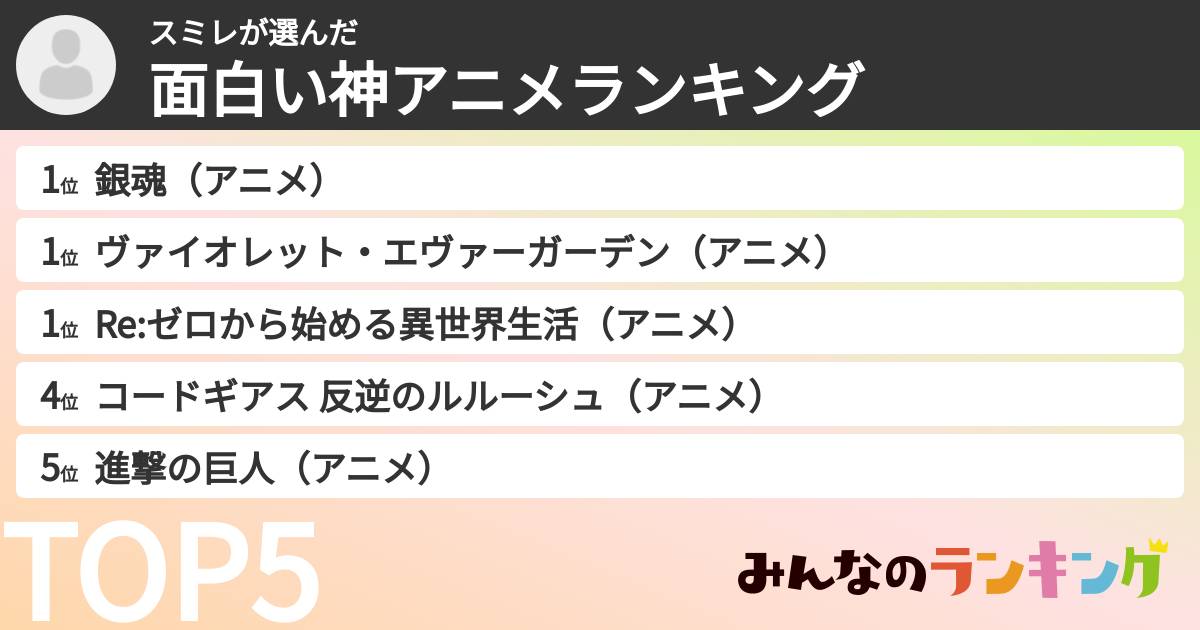 スミレさんの「面白い神アニメランキング」