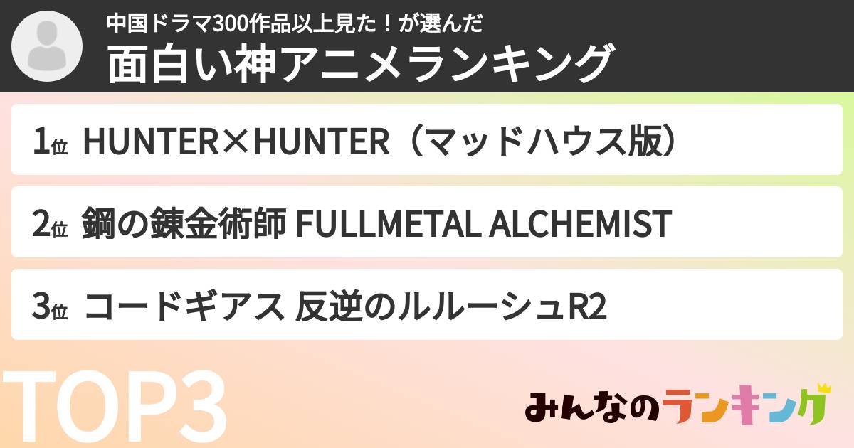 中国ドラマ300作品以上見た!さんの「面白い神アニメランキング」