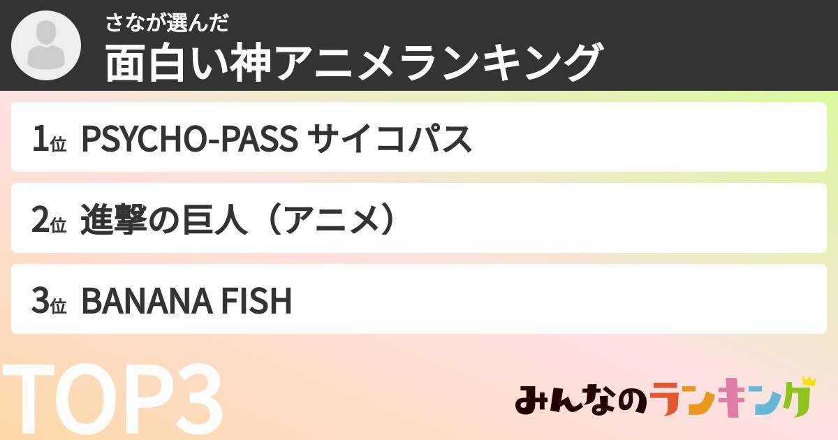 さなさんの「面白い神アニメランキング」