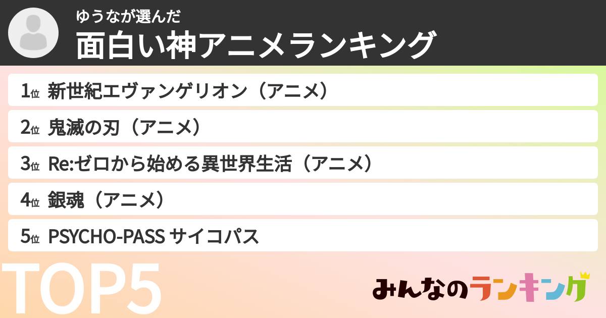 ゆうなさんの「面白い神アニメランキング」