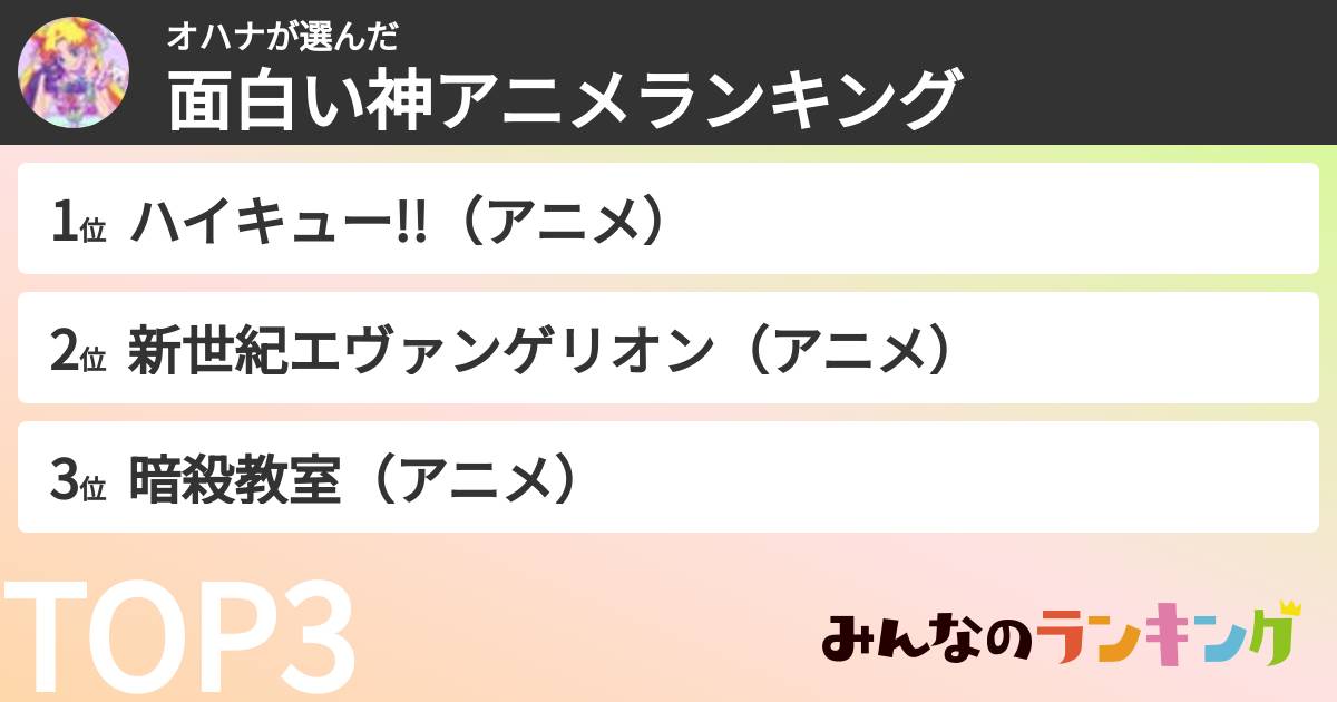 オハナさんの「面白い神アニメランキング」