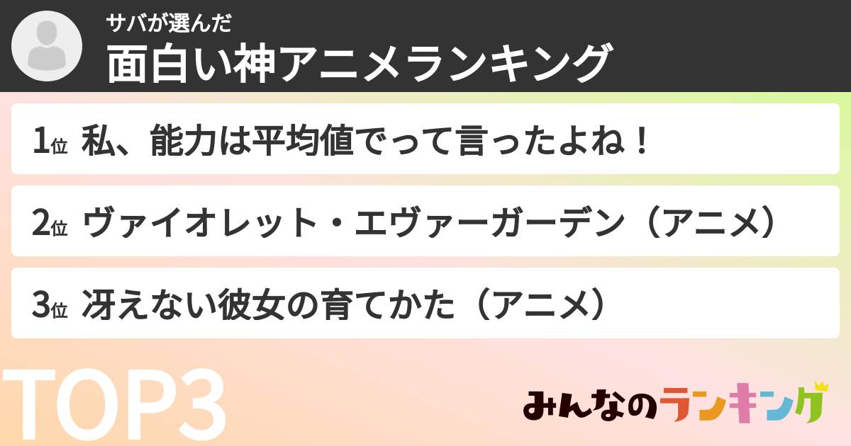 サバさんの「面白い神アニメランキング」