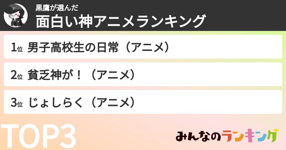 黒鷹さんの「面白い神アニメランキング」