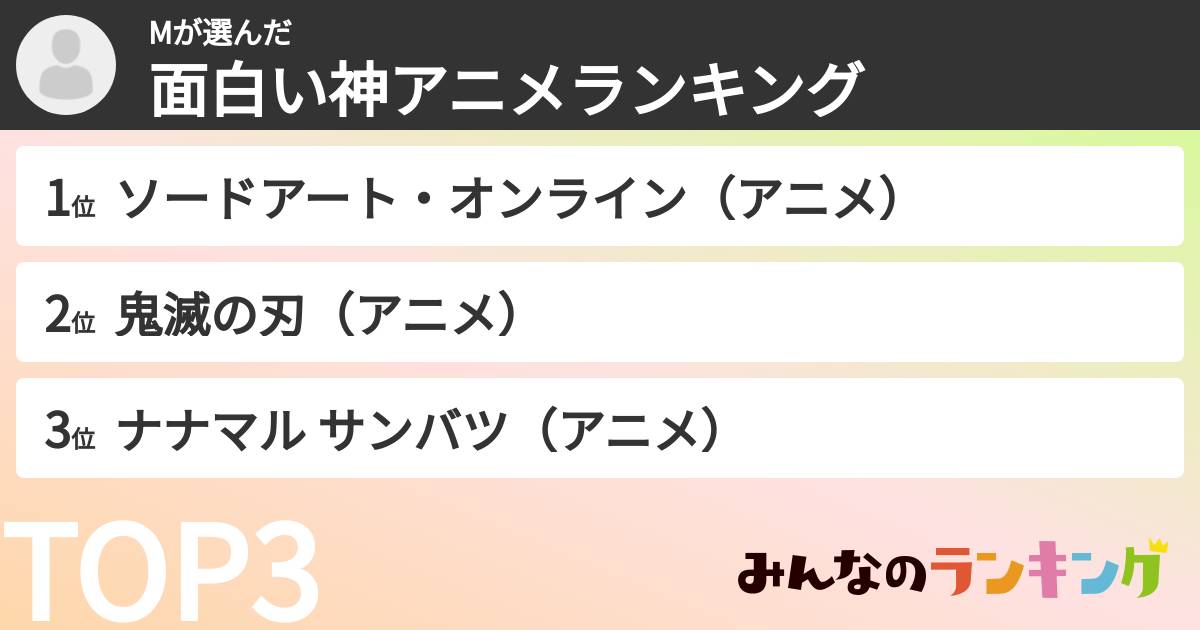Mさんの「面白い神アニメランキング」
