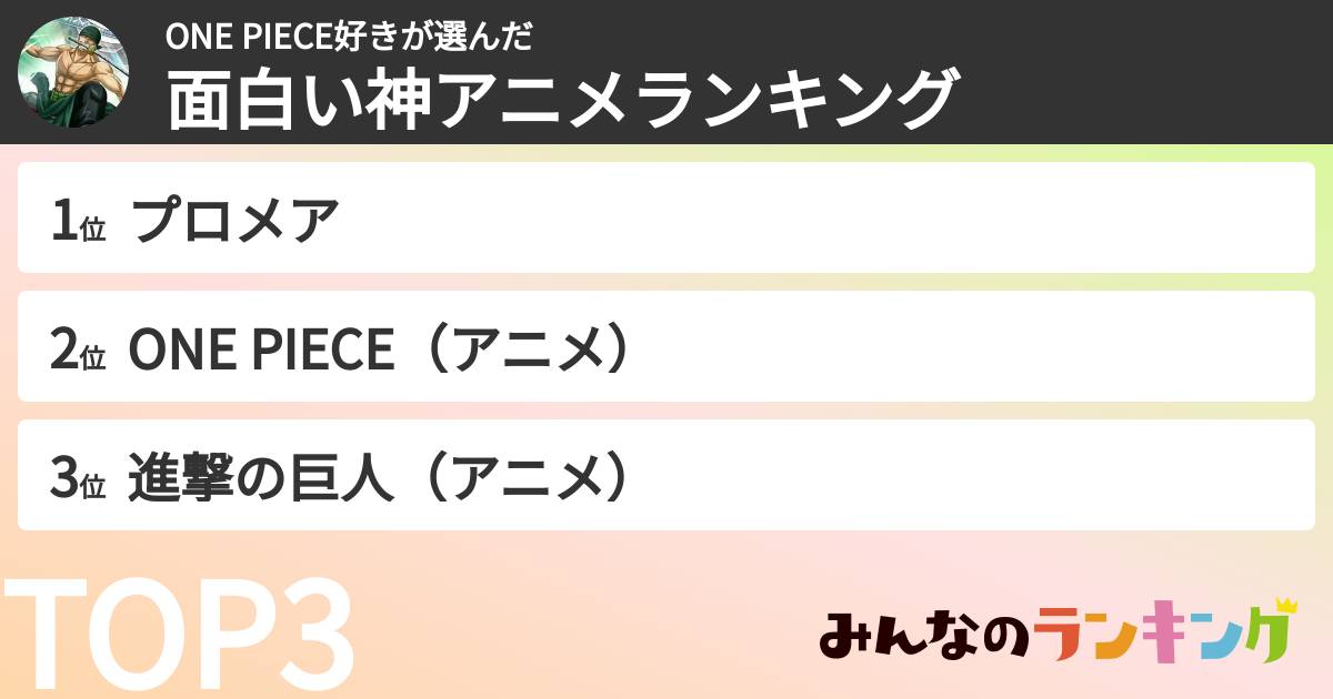 ONE PIECE好きさんの「面白い神アニメランキング」