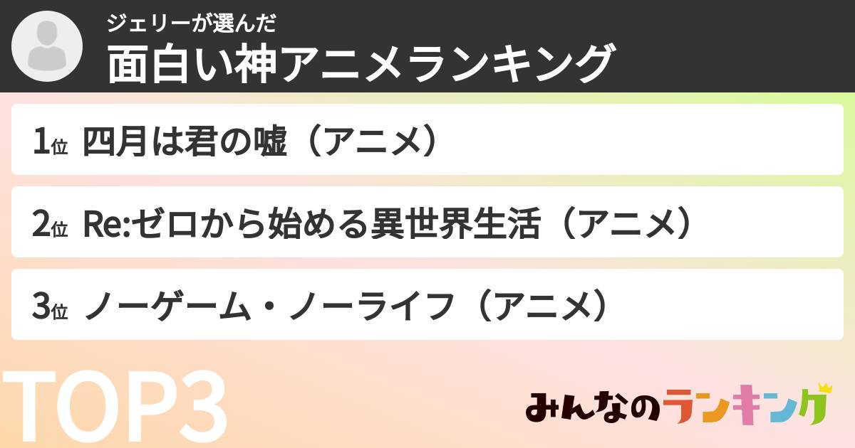 ジェリーさんの「面白い神アニメランキング」