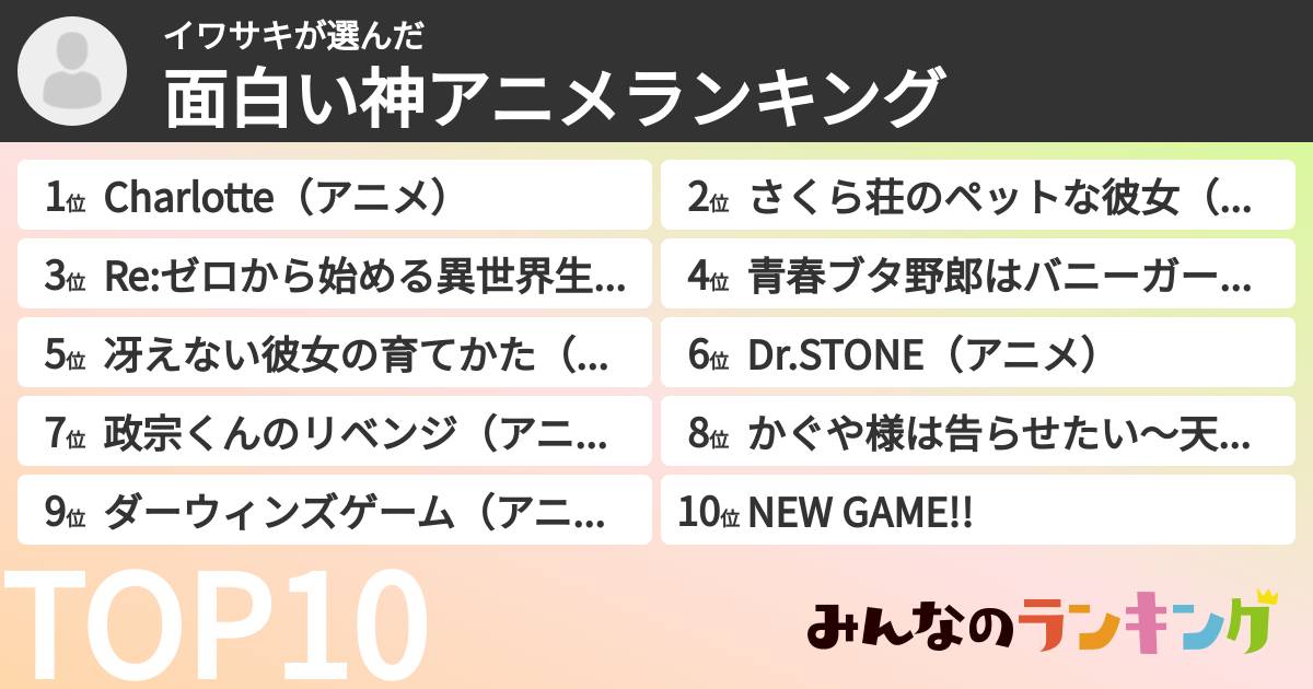 イワサキさんの「面白い神アニメランキング」