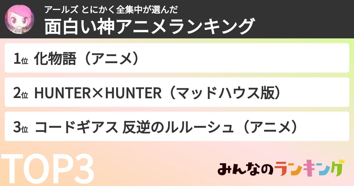 アールズ とにかく全集中さんの「面白い神アニメランキング」