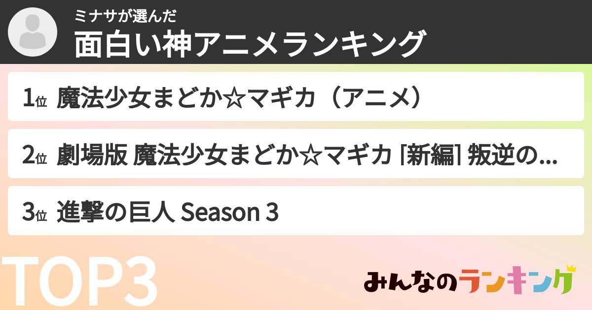 ミナサさんの「面白い神アニメランキング」