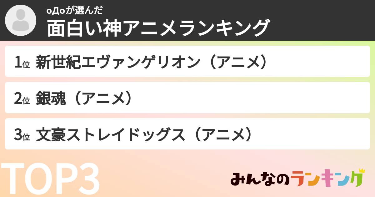 οДοさんの「面白い神アニメランキング」