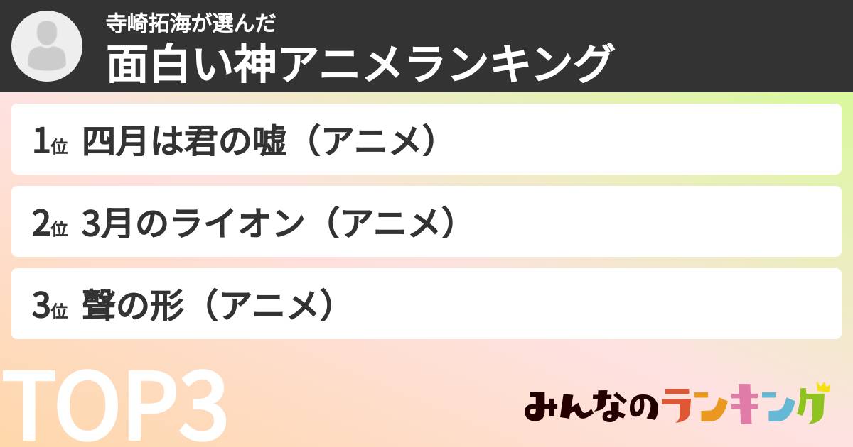 寺崎拓海さんの「面白い神アニメランキング」