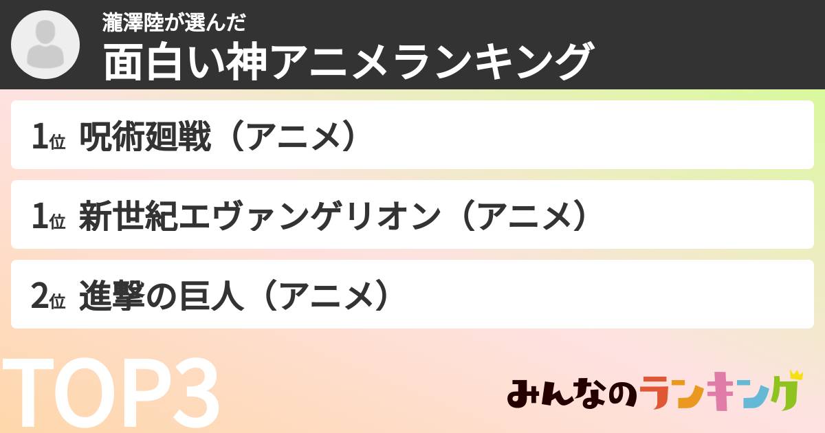 瀧澤陸さんの「面白い神アニメランキング」