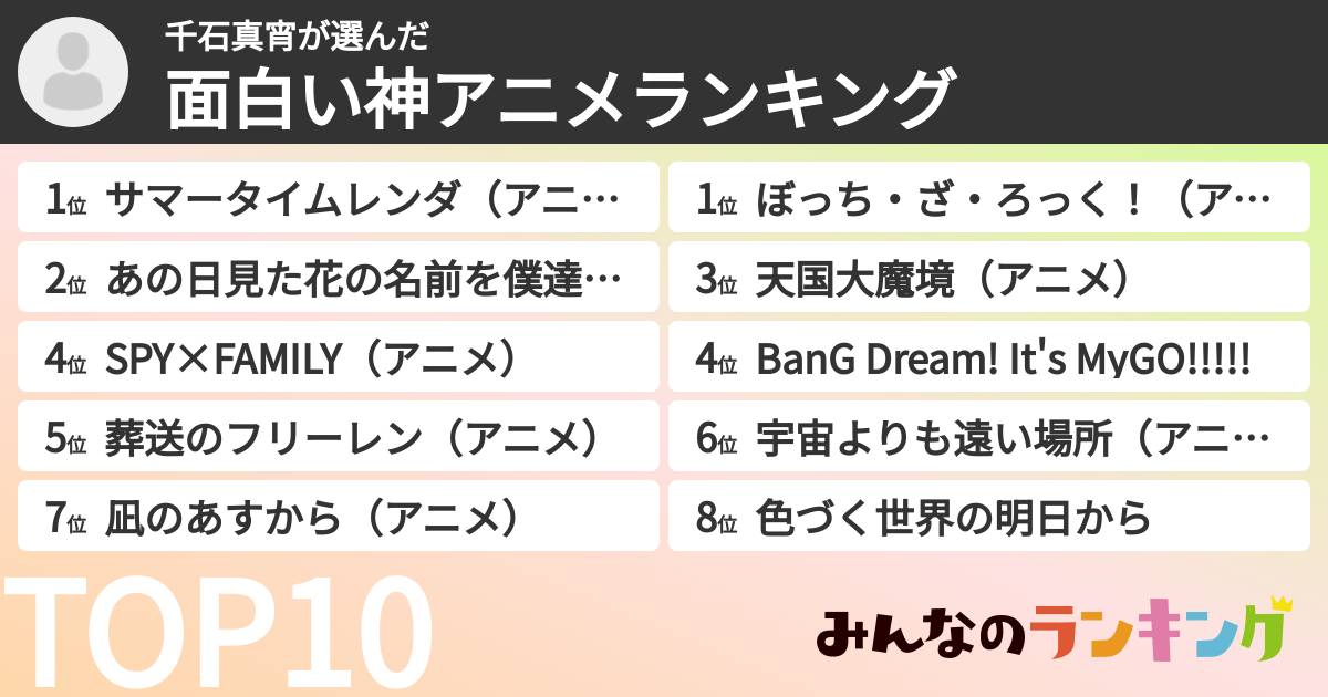 千石真宵さんの「面白い神アニメランキング」