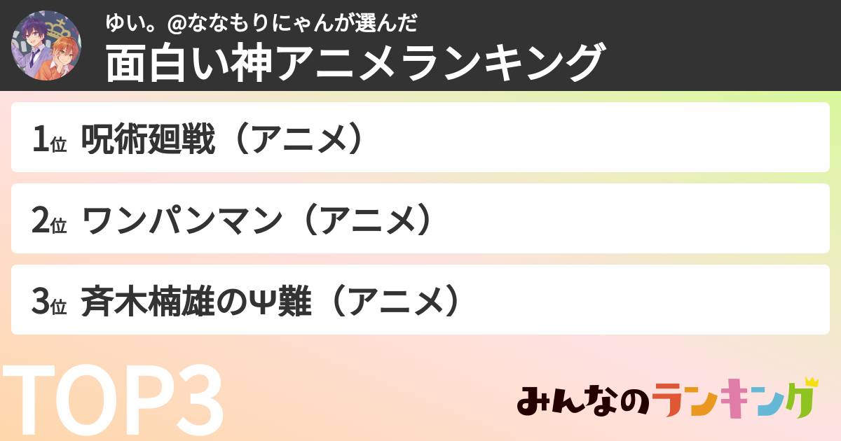 ゆい。@ななもりにゃんさんの「面白い神アニメランキング」