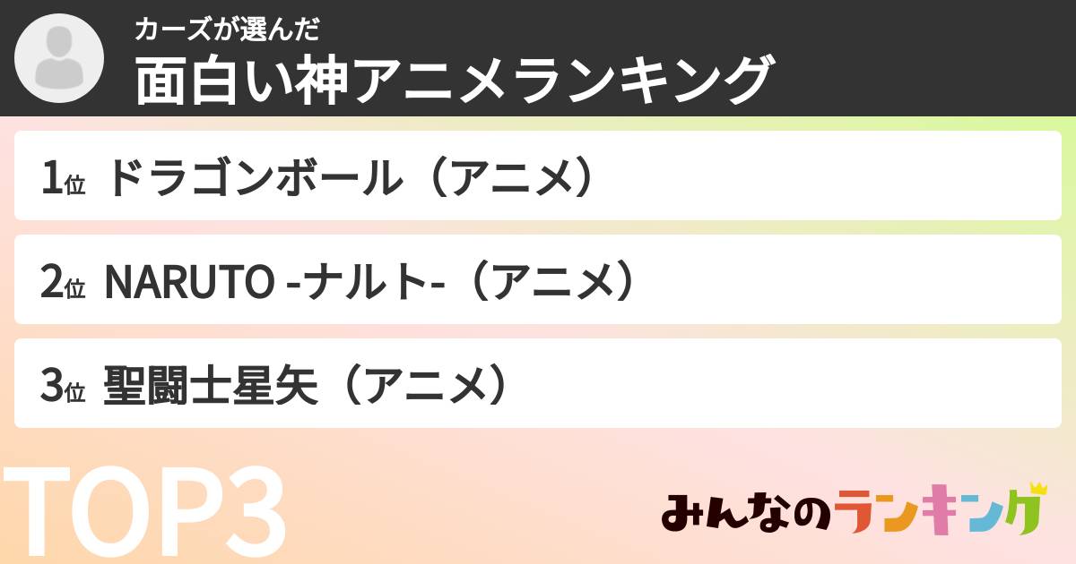 カーズさんの「面白い神アニメランキング」
