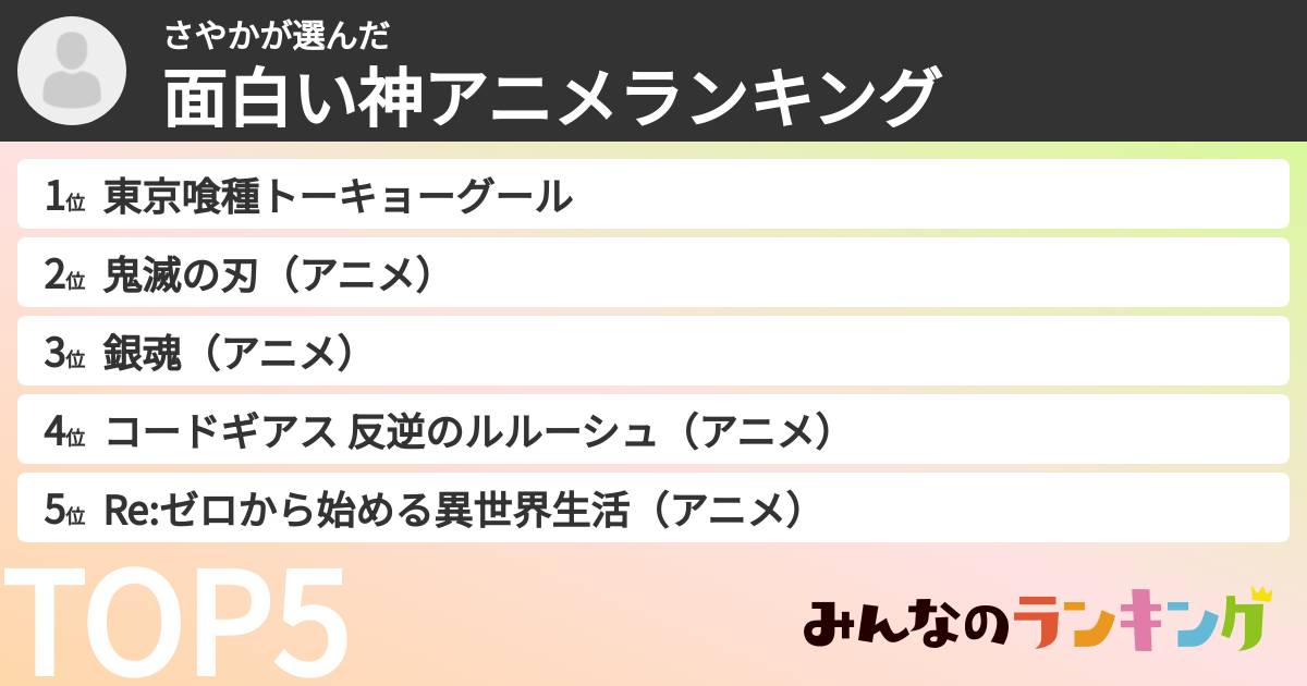 さやかさんの「面白い神アニメランキング」