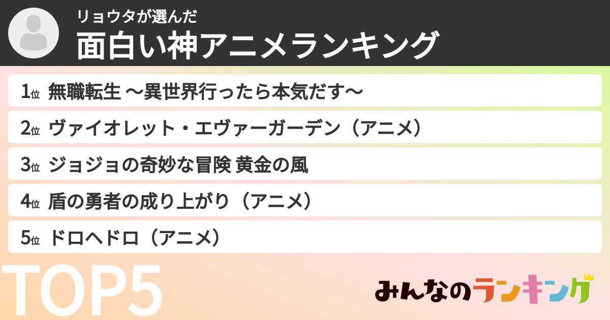 リョウタさんの「面白い神アニメランキング」