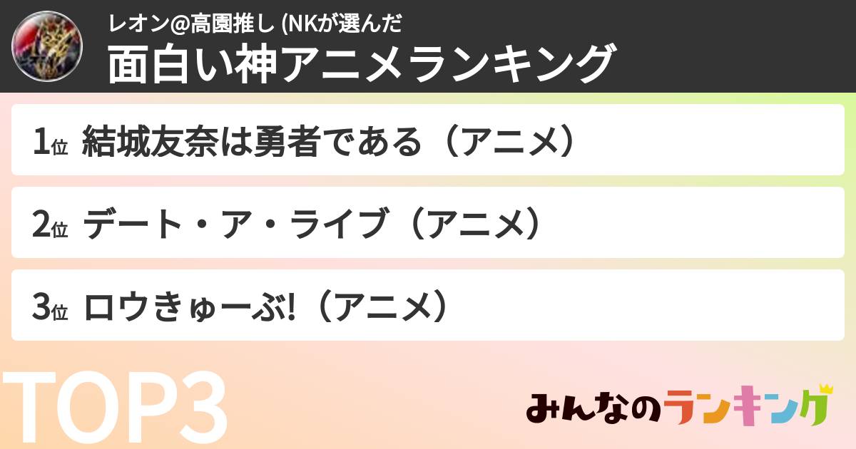レオン@高園推し (NKさんの「面白い神アニメランキング」
