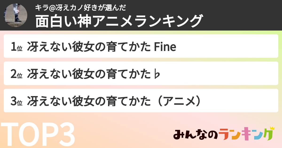 キラ@冴えカノ好きさんの「面白い神アニメランキング」