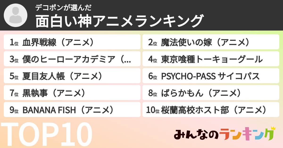 デコポンさんの「面白い神アニメランキング」